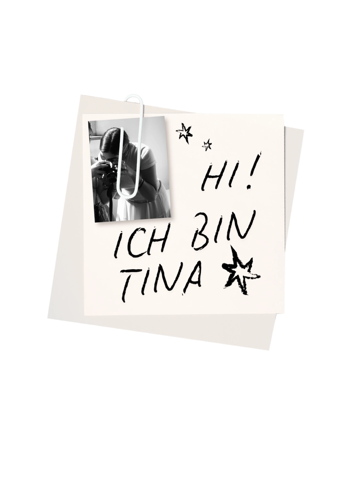 Zettel mit Foto und handgeschriebenem Text: Hi! Ich bin Tina