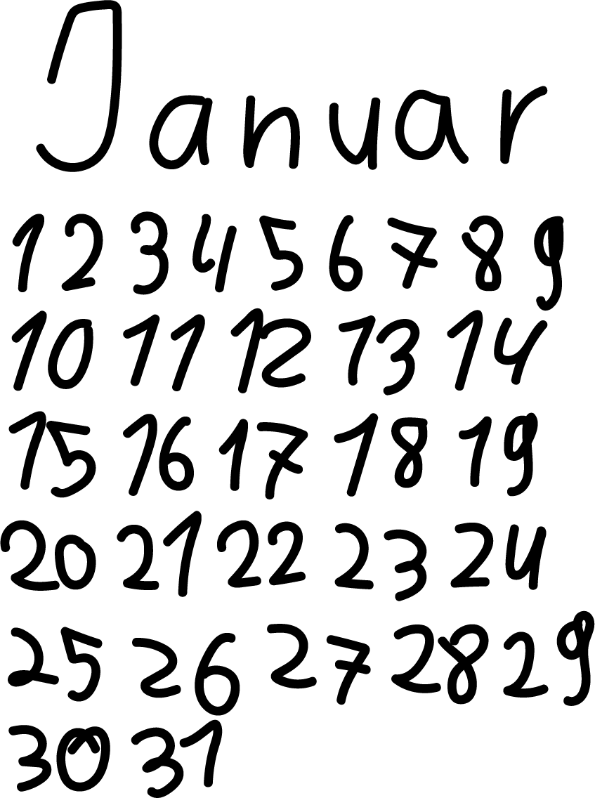 Freigestellte Handschrift mit Monatsnamen und Kalenderzahlen