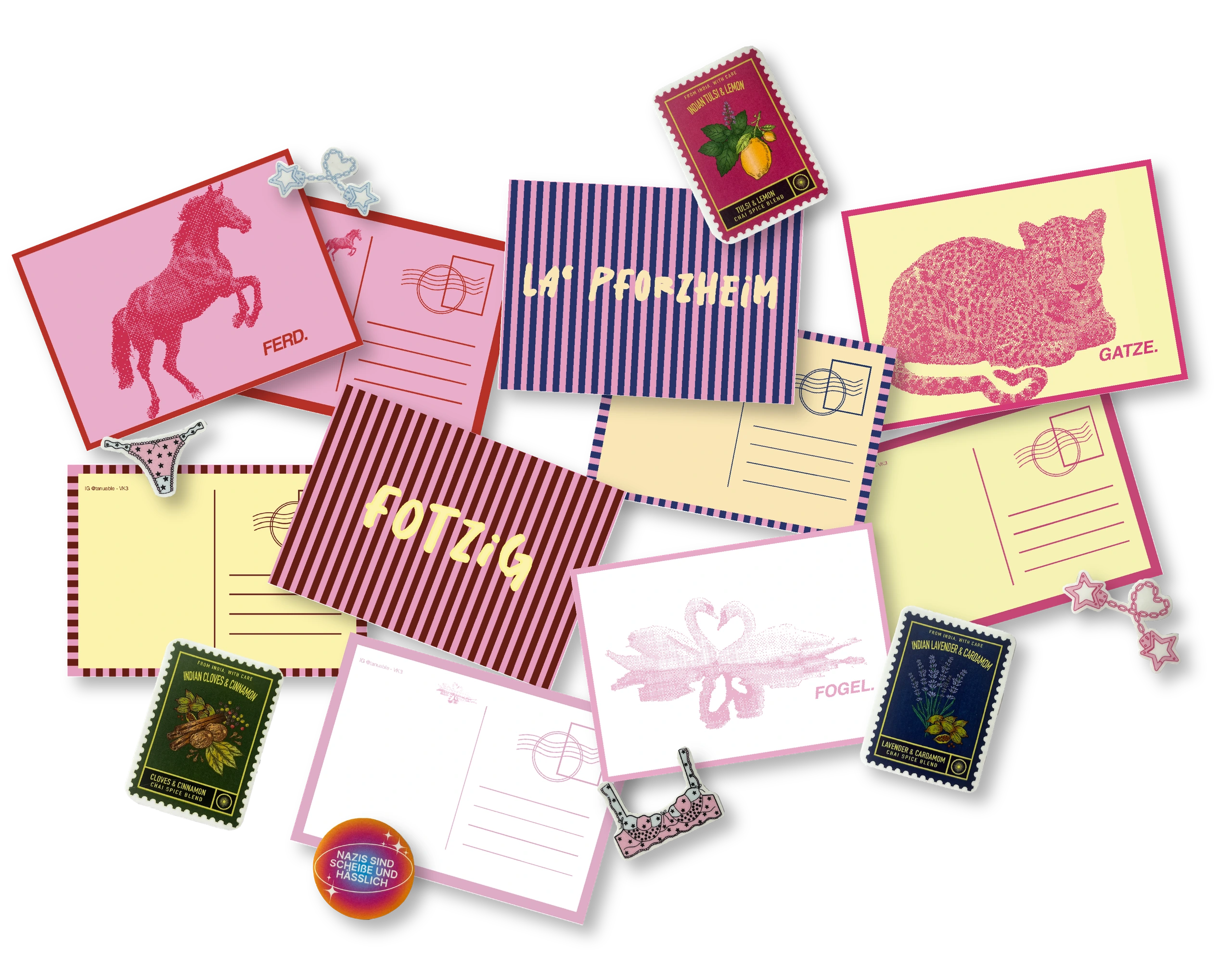 Montage aus illustrierten Postkarten und Stickern