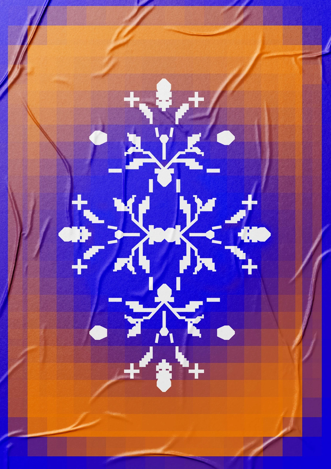Poster-Mockup mit blau-orangefarbenem Rasterornament auf Stoffstruktur