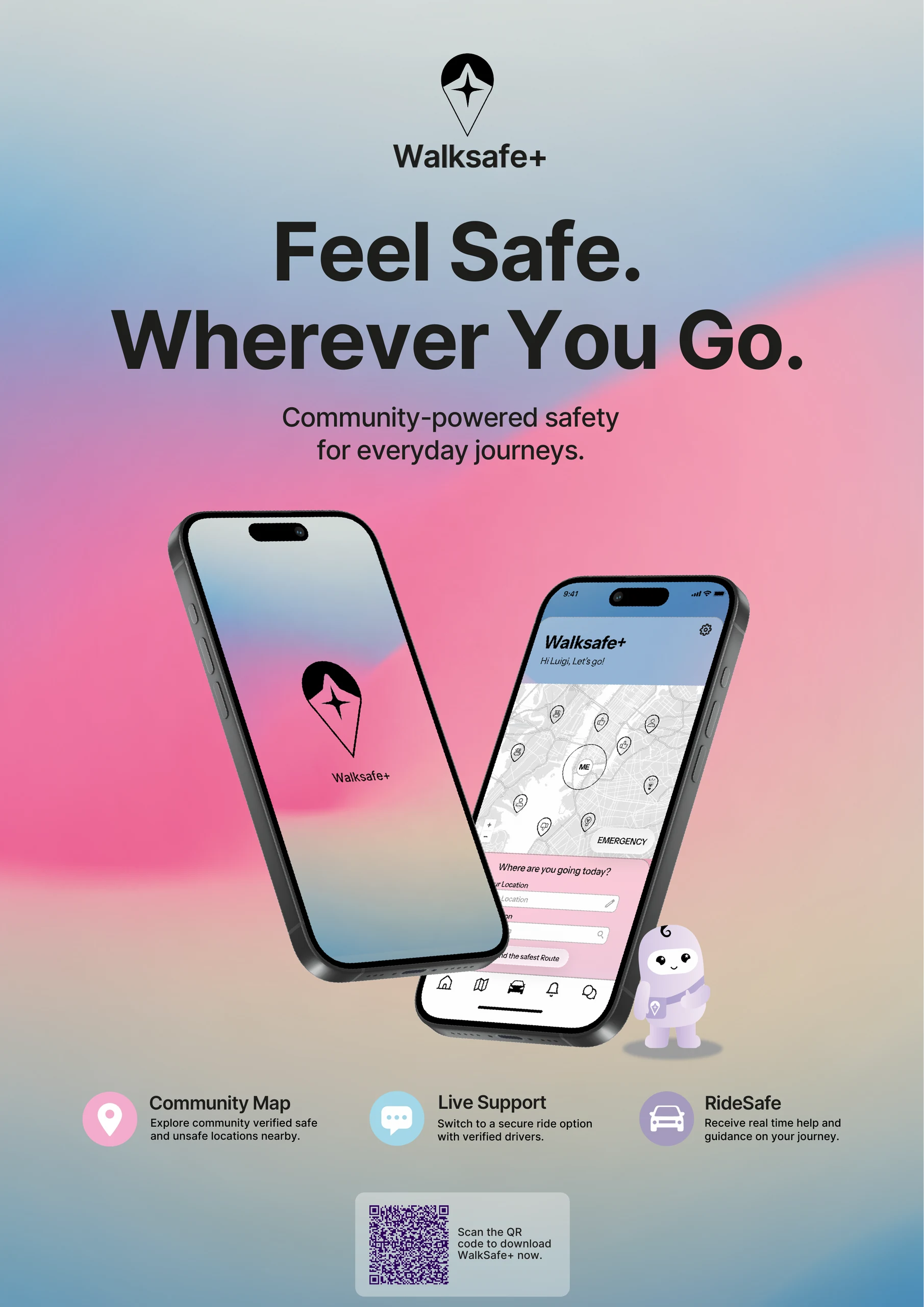 Walksafe+ Kampagnenposter mit App-Mockups und Funktionen