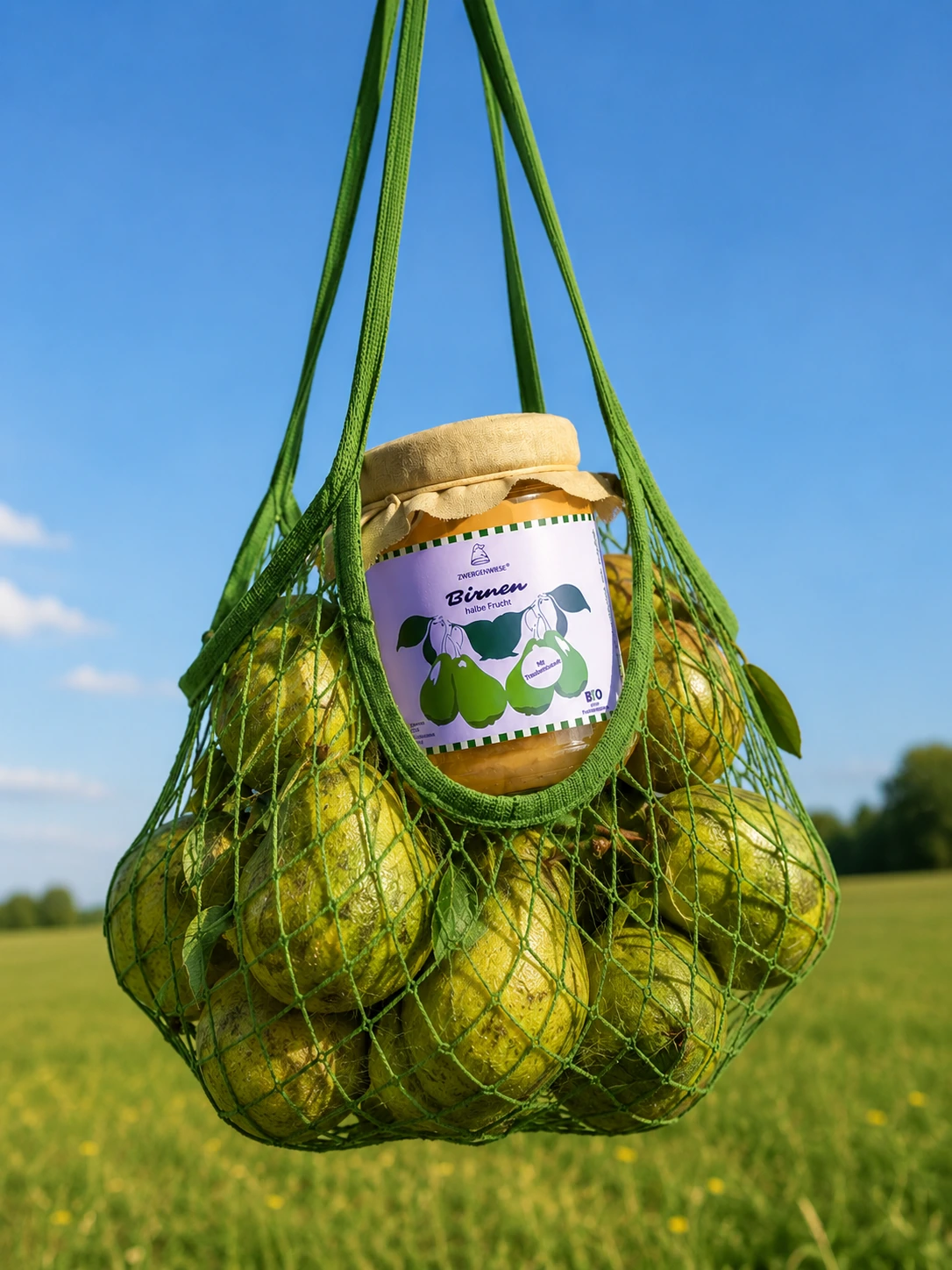 Birnenglas in einem grünen Einkaufsnetz auf einer Wiese